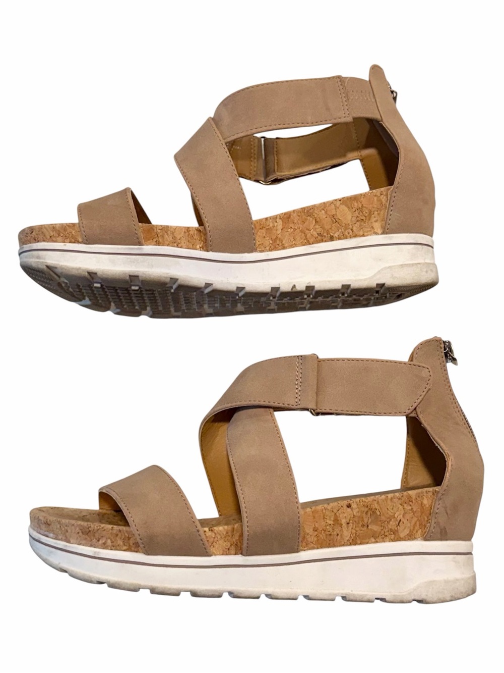 Adrienne Vittadini Taupe Crisscross Cork Wedge Sandals - Size: 7 - Picture 8 of 9